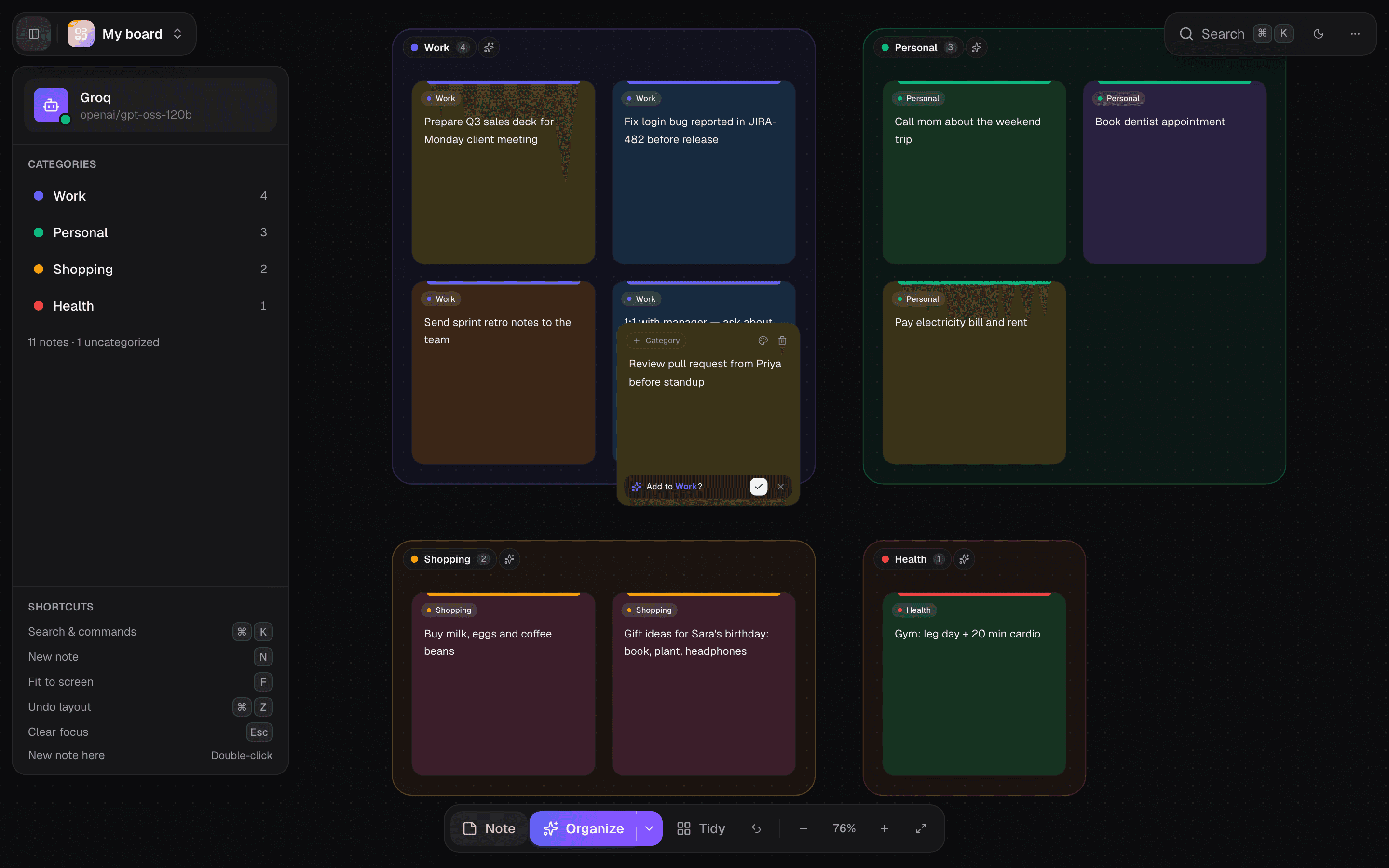 Smart Sticky Notes board in dark mode with a live category suggestion