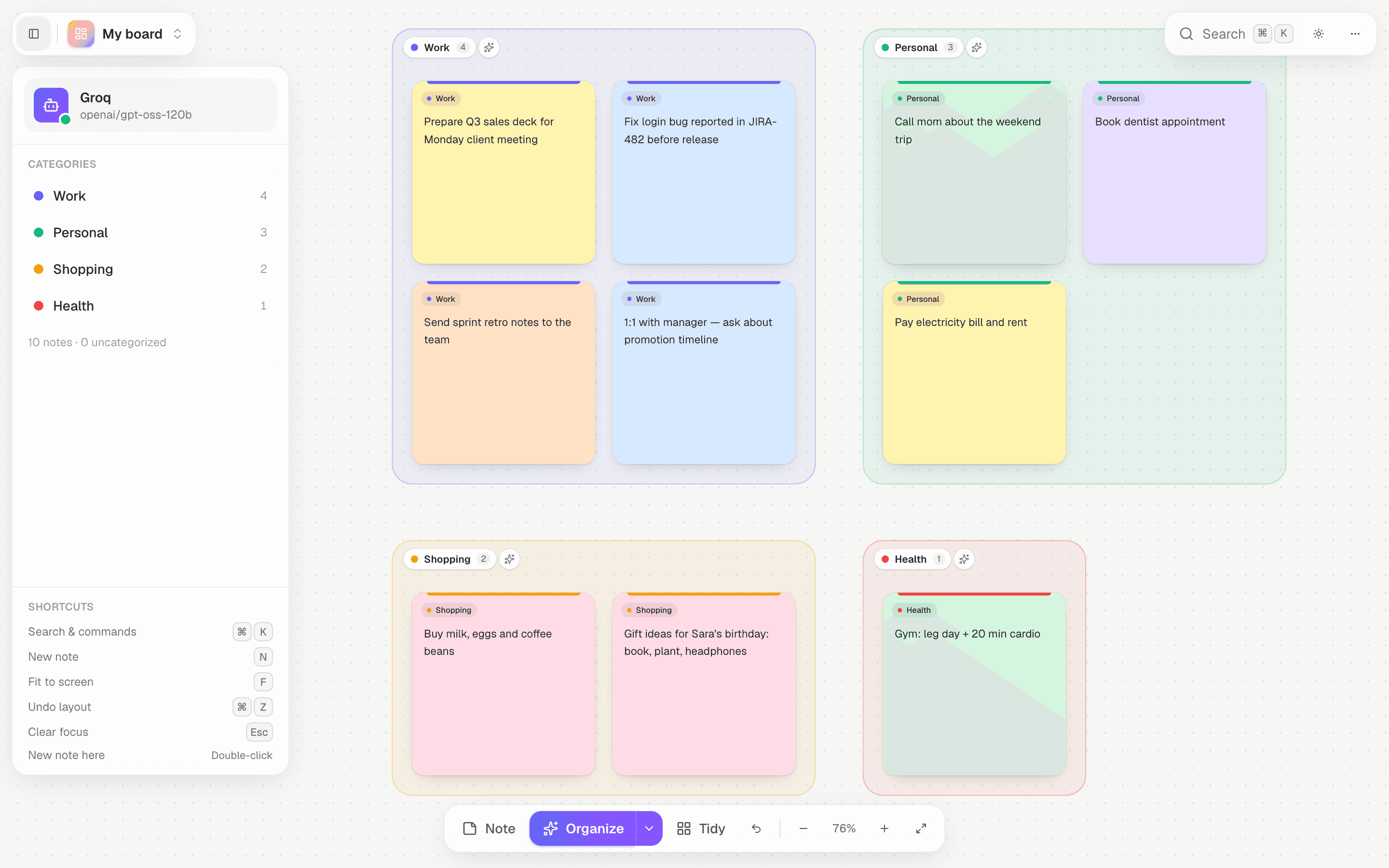 Smart Sticky Notes board with notes organized into Work, Personal, Shopping and Health groups